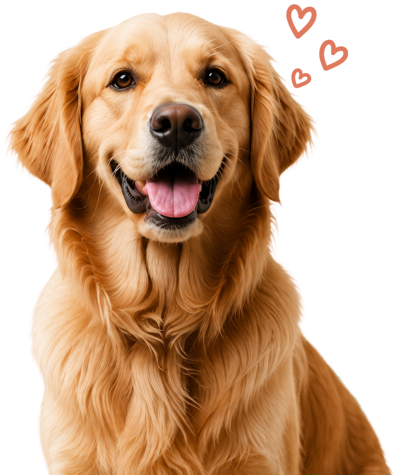 A friendly golden retriever ready to be adopted, surrounded by hearts